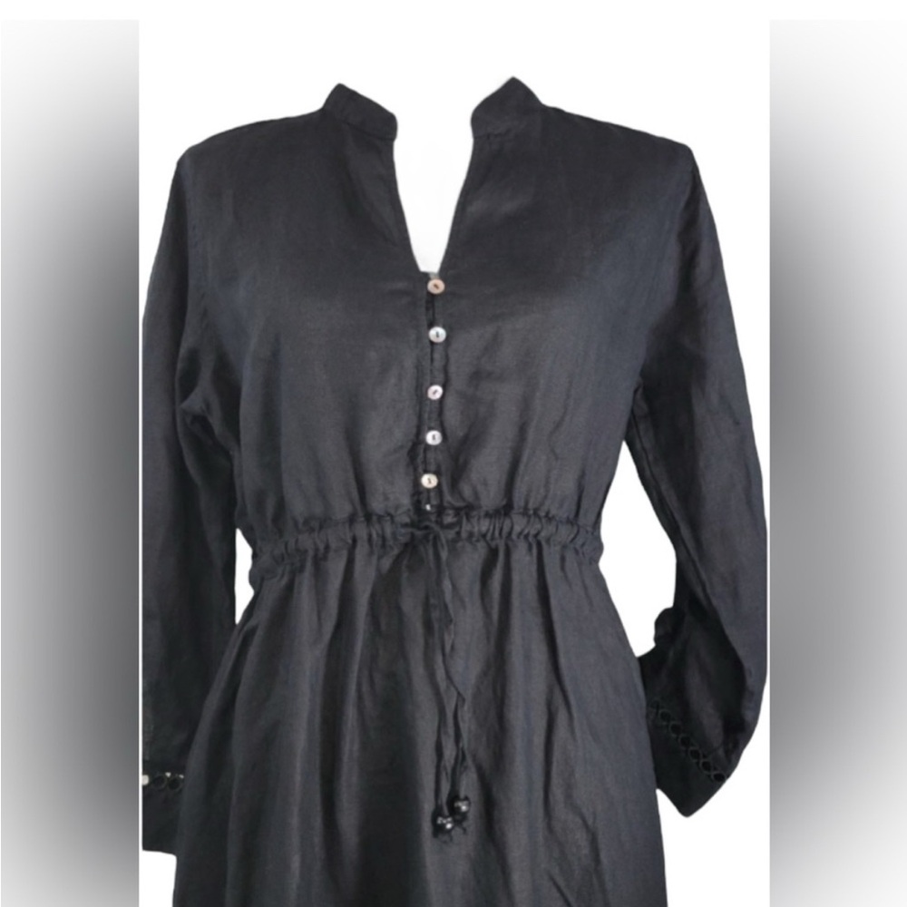 Tahari 100% Linen Elegant Black Midi Dress with Drawstring Empire Waist - Picture 6 of 8